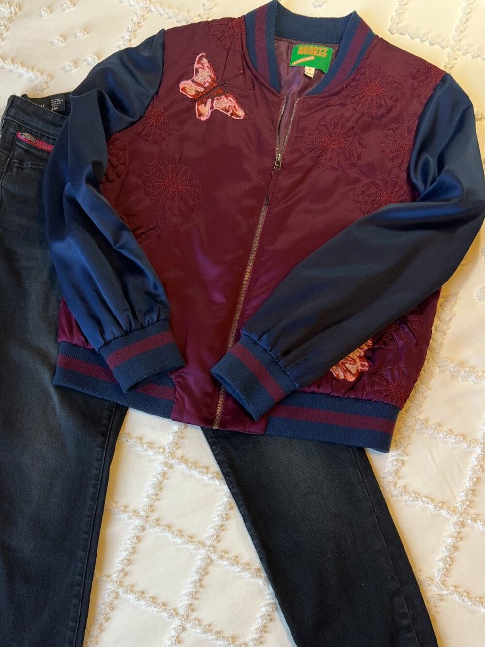 Groovy Monkey Embroidered Bomber Jacket Max Studio Bloomingdales SIZE MEDIUM